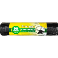 Мешки для мусора Ромашка Практичные 90л, с завязками, ПВД, 75х85см, 45мкм, 6шт, черного цвета, в рулоне