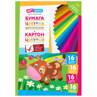 Набор А4 цв. немел. картона, 16л., 16цв. и цв. двустор. газет. бумаги, 16л.,16цв., ArtSpace 'Коровка', в папке