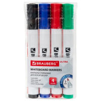 Маркеры стираемые для белой доски, НАБОР 4 ЦВЕТА, BRAUBERG 'ULTRA WHITEBOARD MARKER', 3 мм, 152635