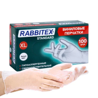 Перчатки виниловые универсальные 50 пар (100 шт.), размер XL (очень большой), белые, RABBITEX (РАББИТЕКС) Standard, 702166