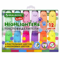 Набор текстовыделителей Brauberg CUTE CATS 12 цветов, линия письма 1-5 мм