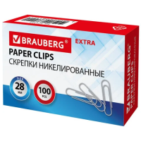 Скрепки канцелярские Brauberg 28мм, никелированные, 100шт/уп