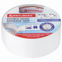 Клейкая двусторонняя лента 38 мм х 10 м, БУМАЖНАЯ ОСНОВА, BRAUBERG, 229056