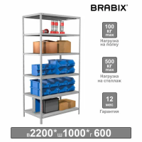 Стеллаж металлический BRABIX 'MS 220/60-6', 2200х1000х600 мм, 6 полок, 291376