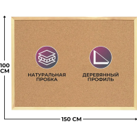 Доска пробковая Attache 100х150 см, коричневая, деревянная рама