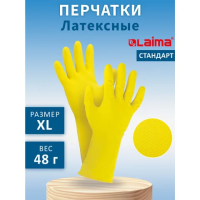 Перчатки МНОГОРАЗОВЫЕ латексные LAIMA 'СТАНДАРТ', х/б напыление, ПЛОТНЫЕ, размер 9-10, XL (очень большой), желтые, вес 48 г, 600782