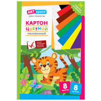 Картон цветной A4, ArtSpace, 8л., 8цв., мелованный, в папке, 'Тигренок'
