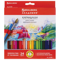 Карандаши цветные акварельные BRAUBERG 'АКАДЕМИЯ', 24 цвета, шестигранные, грифель 3 мм, натуральное дерево, 181400