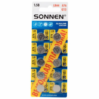 Батарейки алкалиновые 'таблетка' КОМПЛЕКТ 10 шт., SONNEN Alkaline 76A (G13, LR44), в блистере, 457137