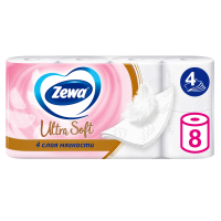 Туалетная бумага Zewa Ultra Soft 4 слоя, 8 рулонов, 16 м, белая