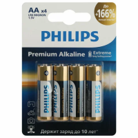 Батарейки алкалиновые 'пальчиковые' КОМПЛЕКТ 4 шт., PHILIPS Premium Alkaline, АА (LR6, 24А), блистер, Б0062753
