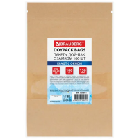 Пакеты дой-пак с замком ZIP LOCK, крафт с окном 50 мм, 150х220 + 40 мм, КОМПЛЕКТ 100 штук, 150 мкм, BRAUBERG, 700691