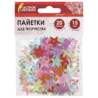 Пайетки для творчества 'Звезды', яркие, цвет ассорти, 5 цветов, 15 мм, 20 грамм, ОСТРОВ СОКРОВИЩ, 661277