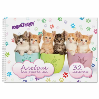 Альбом для рисования, А4, 32 листа, гребень, обложка картон, ЮНЛАНДИЯ, 205х290 мм, 'Котики' (1 вид), 105077
