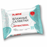 Салфетки влажные 50 шт., АНТИБАКТЕРИАЛЬНЫЕ, удобный формат упаковки 'Возьми с собой', LAIMA, 115225