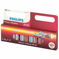 Батарейки алкалиновые 'пальчиковые' КОМПЛЕКТ 12 шт., PHILIPS Power Alkaline, АА (LR6, 24А), блистер, Б0064661