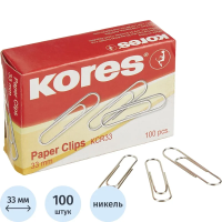Скрепки канцелярские Kores 33мм, круглые, никелированные, 100шт/уп