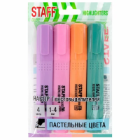 Набор текстовыделителей 4 ПАСТЕЛЬНЫХ ЦВЕТА, АССОРТИ, STAFF College 'STICK PASTEL', линия письма 1-4 мм, скошенный наконечник, 152531