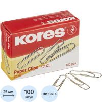 Скрепки канцелярские Kores 25мм, круглые, никелированные, 100шт/уп