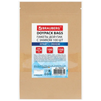 Пакеты дой-пак с замком ZIP LOCK, крафт с окном 50 мм, 140х200 + 40 мм, КОМПЛЕКТ 100 штук, 150 мкм, BRAUBERG, 700690