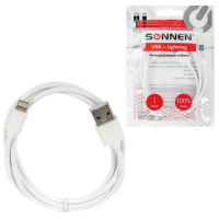Кабель белый USB 2.0-Lightning, 1 м, SONNEN, медь, для передачи данных и зарядки iPhone/iPad, 513559
