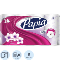 Туалетная бумага Papia Балийский цветок, 3 слоя, 8 рулонов, 16.8м, белая