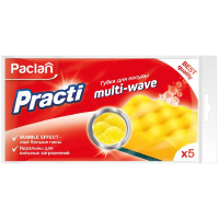 Губка Paclan PractI Multi-Wave 9.5х6.5х3.5см, поролон с абразивным слоем, 5шт