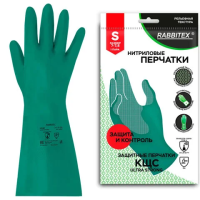 Перчатки нитриловые КЩС, ULTRA STRONG, химически устойчивые, х/б напыление, зеленые, размер 7-7,5 S (малый), RABBITEX (РАББИТЕКС), 700910