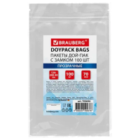 Пакеты дой-пак с замком ZIP LOCK, прозрачные, 120х200 + 40 мм, КОМПЛЕКТ 100 штук, 70 мкм, BRAUBERG, 700696