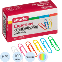 Скрепки Attache цветные, 33 мм, полимер, 100 шт.в карт.уп