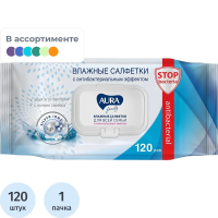 Салфетки влажные 120 шт., AURA Family, антибактериальные, для всей семьи, крышка клапан, 92342, 14622