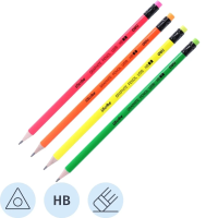 Карандаш чернографитный Deli Neon HB, трехгранный, деревянный, с ластиком, ассорти