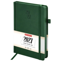 Ежедневник датированный 2027, А5, 138х213 мм, BRAUBERG 'Plain', под кожу, резинка, держатель для ручки, темно-зеленый, 118038