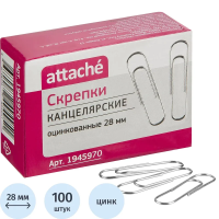 Скрепки Attache оцинкованные 28 мм, негофрированные, 100шт/уп
