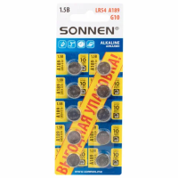 Батарейки алкалиновые 'таблетка' КОМПЛЕКТ 10 шт., SONNEN Alkaline 189A (G10, LR54), в блистере, 457136