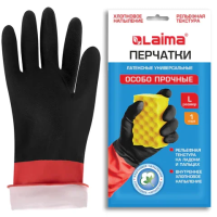 Перчатки МНОГОРАЗОВЫЕ латексные LAIMA 'БИКОЛОР', черно-красные, ОСОБО ПРОЧНЫЕ, хлопковое напыление, размер L (большой), вес 60 г, 700539