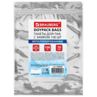 Пакеты дой-пак с замком ZIP LOCK, металлизированная + прозрачная стенка, 140х200 + 40 мм, КОМПЛЕКТ 100 штук, 70 мкм, BRAUBERG, 700684