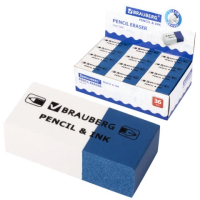 Ластик BRAUBERG 'PENCIL & INK', 39*18*12мм, для ручки и карандаша, бело-синий, 229578