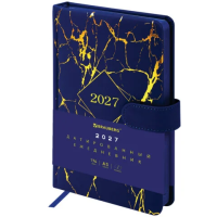 Ежедневник датированный 2027, А5, 138x213 мм, BRAUBERG 'Goldy', под кожу, цветной срез, синий, 117897