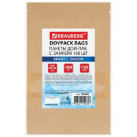 Пакеты дой-пак с замком ZIP LOCK, крафт с окном 50 мм, 120х200 + 40 мм, КОМПЛЕКТ 100 штук, 150 мкм, BRAUBERG, 700689
