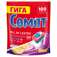 Таблетки для посудомоечной машины Сомат Гига Все-в-1 Экстра лимон, 100шт